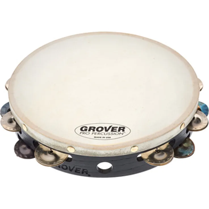Grover Pro Percussion T2/HS Tambourine, 10" Hybrid Silver mit weißem Premium Naturfell und massiven Hartholzkorpus