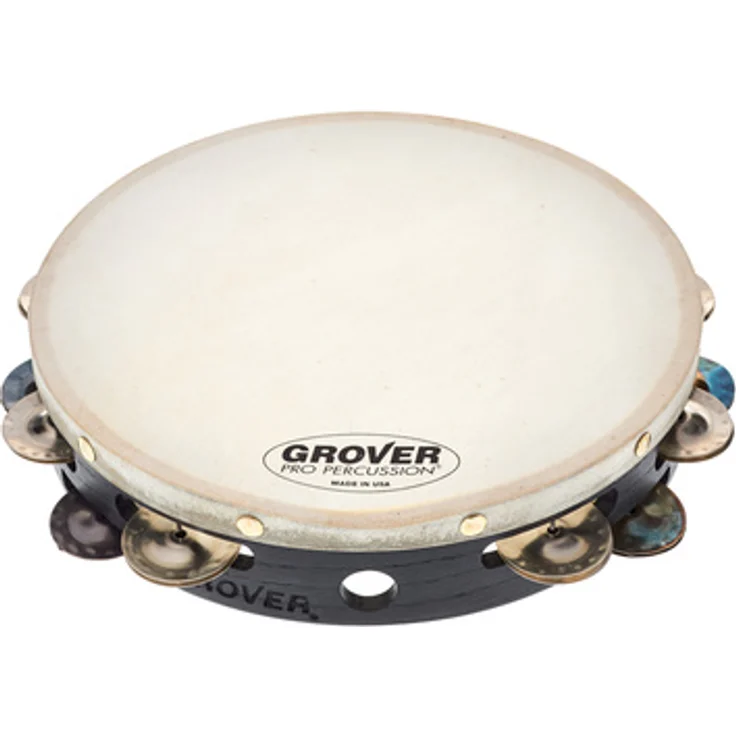 Grover Pro Percussion T2/HS Tambourine, 10" Hybrid Silver mit weißem Premium Naturfell und massiven Hartholzkorpus
