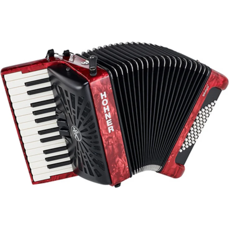 Hohner Bravo II 48 Red Silent Key, Piano-Akkordeon mit 48 Bässen, 26 Diskanttasten und leichtem Anschlag, rot