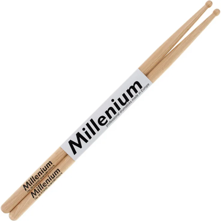 Millenium 5B Hickory Sticks round, American Hickory Drumsticks mit runden Holz Köpfen, 407 mm lang, Durchmesser 15 mm, natur