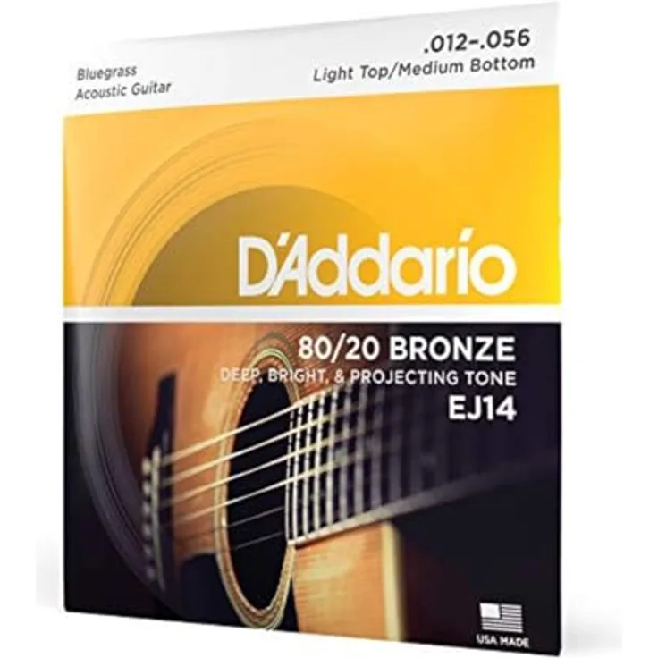 D'Addario EJ14 80/20 Bronze Akustikgitarrensaiten, Light Top/Medium Bottom für Bluegrass, 12-56, hergestellt in den USA