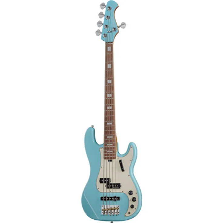 Harley Benton MV-5PJ, 5-Saitiger E-Bass in Daphne Blue mit Erle-Korpus und karamellisiertem Ahornhals