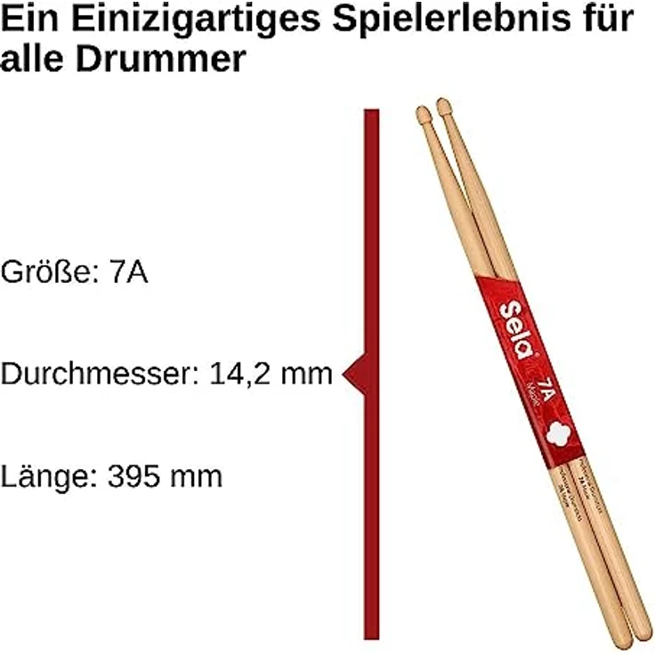 Sela Professional Maple 7A Drumsticks, Schlagzeug-Sticks aus Ahornholz mit Eichel-Kopf-Form, ideal für sanften Rock, 1 Paar, Natur, SE 274 – Bild 4