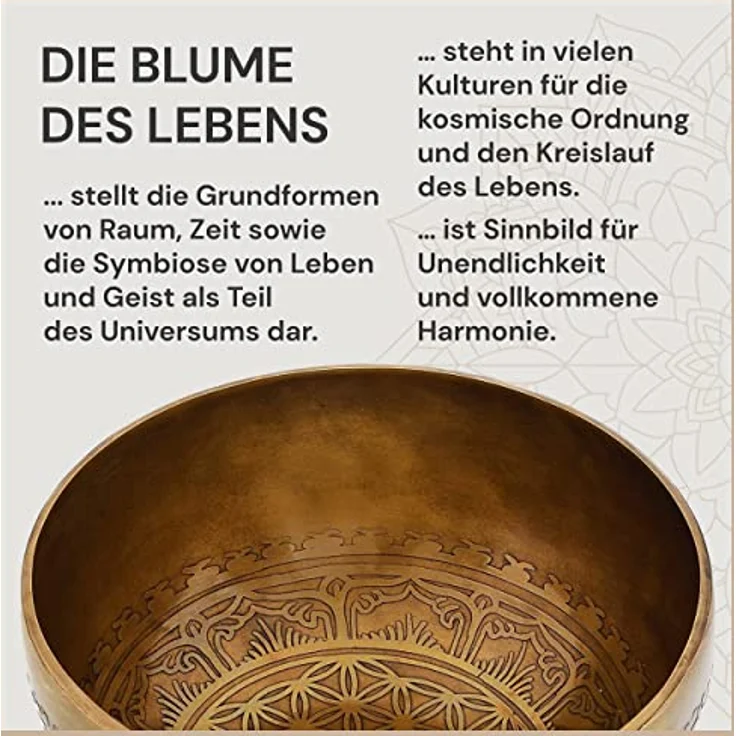 Avanda Tibetische Klangschale Blume des Lebens, Ø 20 cm, 1.100 Gramm, antike Oberfläche, Traditionelle Handarbeit für Yoga und Meditation – Bild 2