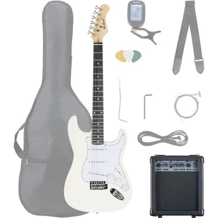 McGrey Rockit ST E-Gitarre Komplettset, 8-teilig mit 10W Verstärker, Stimmgerät, Gitarrentasche, weiß – Bild 1