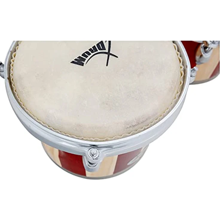 XDrum Bongos Retro, 2 Trommeln ("Macho" und "Hembra"), 16,5 cm und 19 cm, rot mit verstellbaren Stimmböckchen – Bild 5