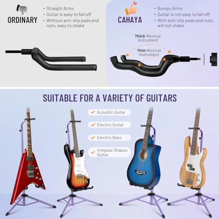 CAHAYA Gitarrenständer CY00253-2, verstellbarer klappbarer Universal-Stativ für Akustikgitarren, E-Gitarren und Banjos, lila, mit umfassendem Schutz und stabiler Basis – Bild 5