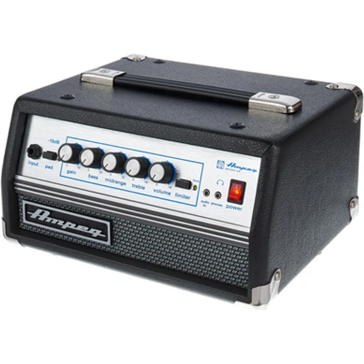 Ampeg Micro VR Head, Bass Topteil mit 200 Watt RMS, silberne Frontplatte und schwarzem Bezug, Schaltnetzteil für weltweiten Einsatz