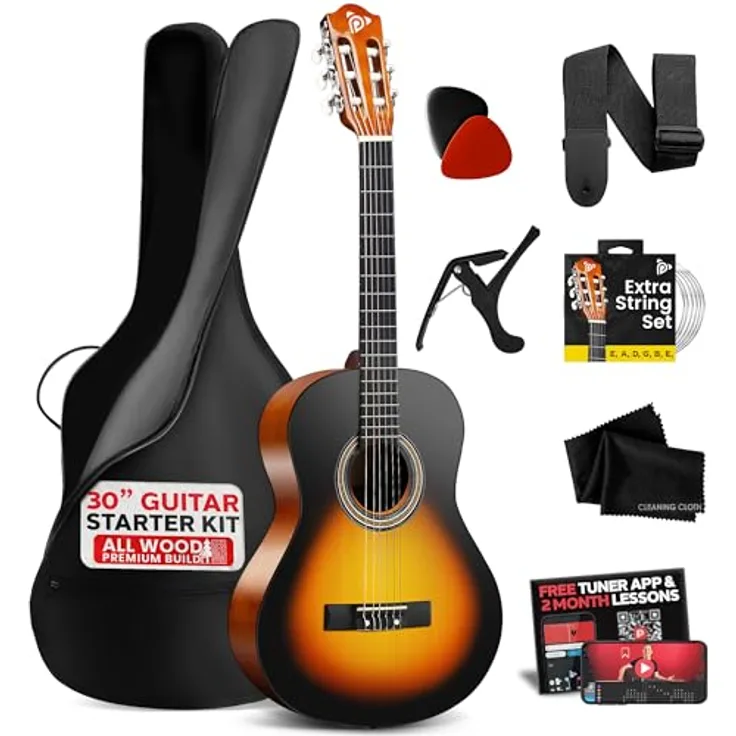 Pyle Akustikgitarre 1/4 Junior-Größe, handgefertigt aus Holz, mit Kapodaster, Gurt, extra Saiten-Set, Gigbag, Sunburst