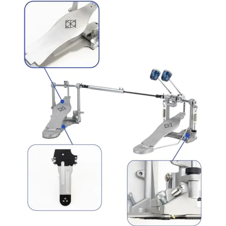 Dixon PP-P1D P1 Double Pedal, Doppelfußmaschine mit Einzelkette, gebürsteter Trittplatte und See-through blue Dual Surface Beater – Bild 2