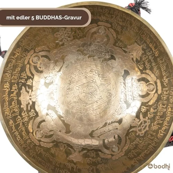 Bodhi Tibetische Klangschale Ø 32 cm, Singing Bowl aus Bronze mit 5 Buddhas Gravur, inkl. Kissen & Klöppel, goldene Farbe, handgefertigt für Meditation und Entspannung – Bild 5