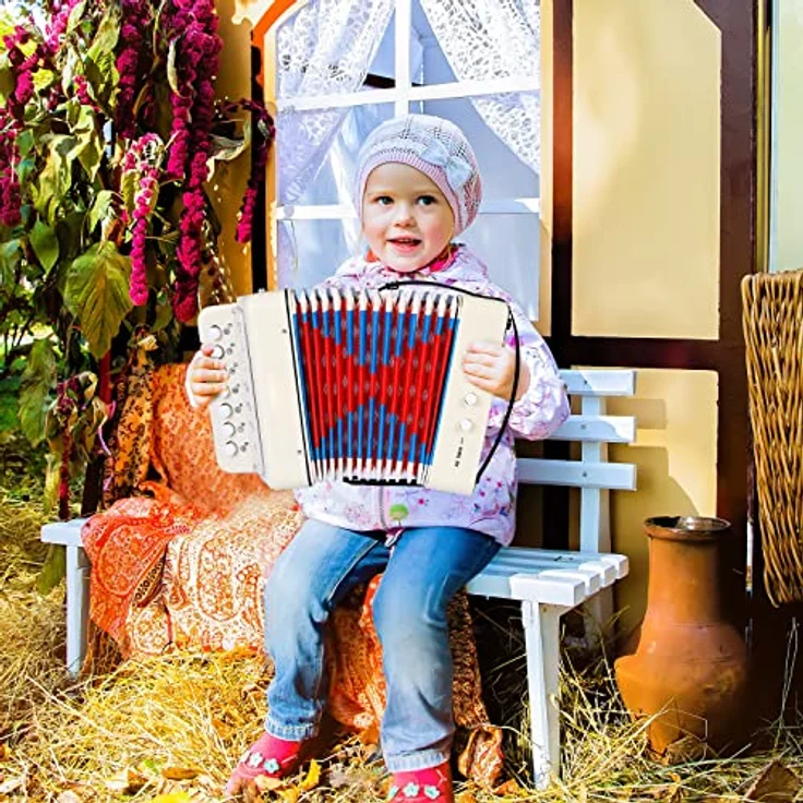 TLGREEN Akkordeon Kinder, 10 Tasten Ziehharmonika mit Riemen, tragbares Musikinstrument für Anfänger, geeignet für Erwachsene und Kinder ab 3 Jahren, Weiß – Bild 2