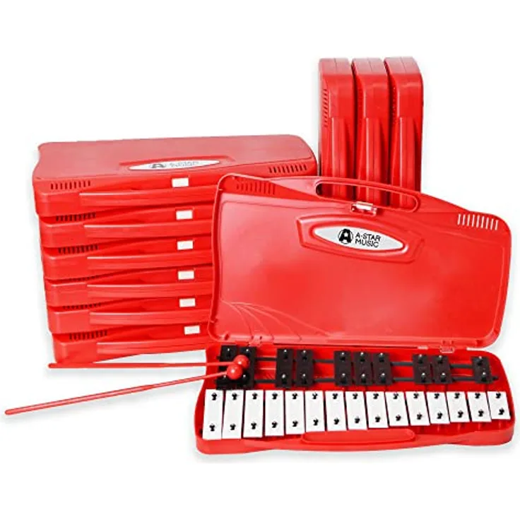 A-Star 25-Noten-Sopran-Chromatisches Glockenspiel-Xylophon, rotes Gehäuse, 2 Oktaven G5 bis G7, 10er-Pack mit zwei Kunststoffschlägeln