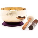 Klangschalen-Center Tibetische Klangschale mit Lotus-Gravur, 750-800 g, hochglanzpoliert, handgeschmiedet, inkl. 2 Klöppel und Filzpad, Fair Trade aus Nepal
