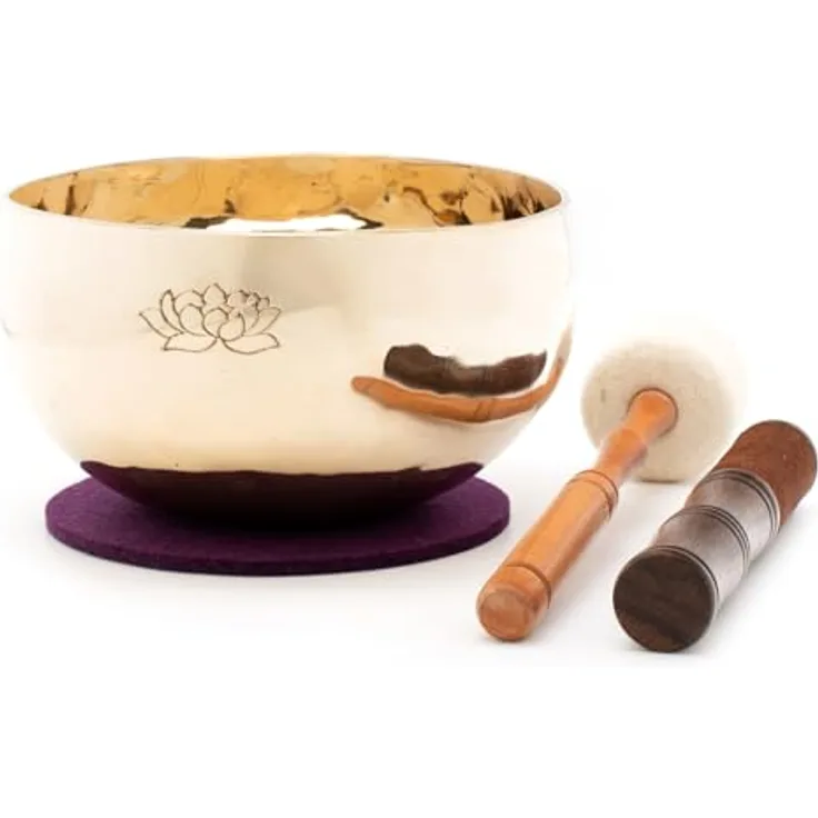 Klangschalen-Center Tibetische Klangschale mit Lotus-Gravur, 750-800 g, hochglanzpoliert, handgeschmiedet, inkl. 2 Klöppel und Filzpad, Fair Trade aus Nepal