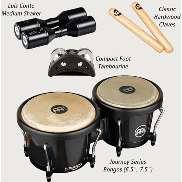 Meinl Bongo & Percussion Pack, HB50BK Journey Serie Bongos, Compact Foot Tambourine, Luis Conte Live Shaker, Classic Wood Claves – Bild 2