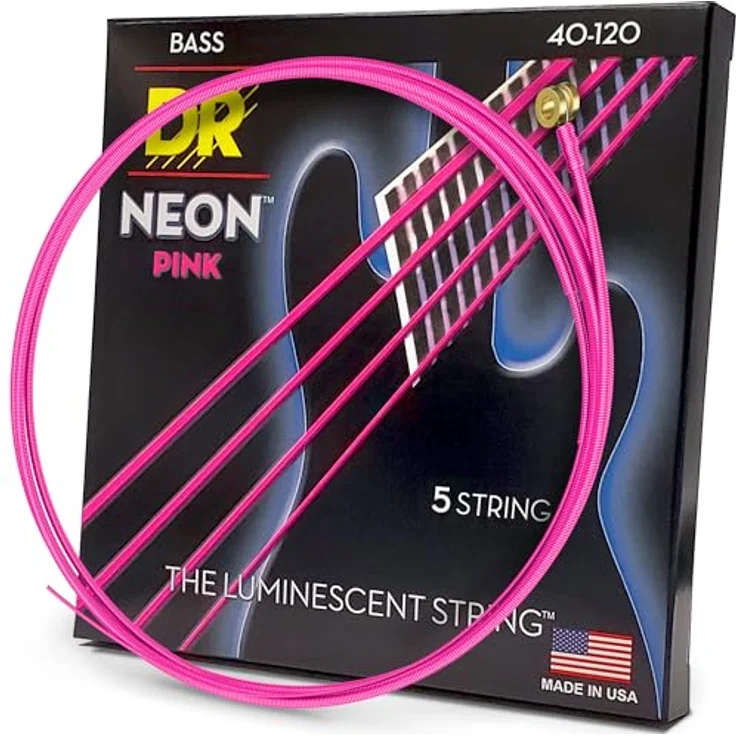 DR Strings Hi-Def Neon Pink NPB5-40, E-Bass Light 40-120, 5-Saiter mit K3-Beschichtung für mehr Klarheit und Projektion – Bild 1