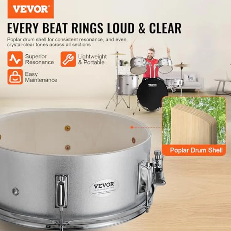 VEVOR 5-teiliges Schlagzeugset in Silber, mit Bass-Toms, Snare, verstellbaren Thronständern, Becken, Hi-Hat-Pedal und Drumsticks für Anfänger – Bild 2