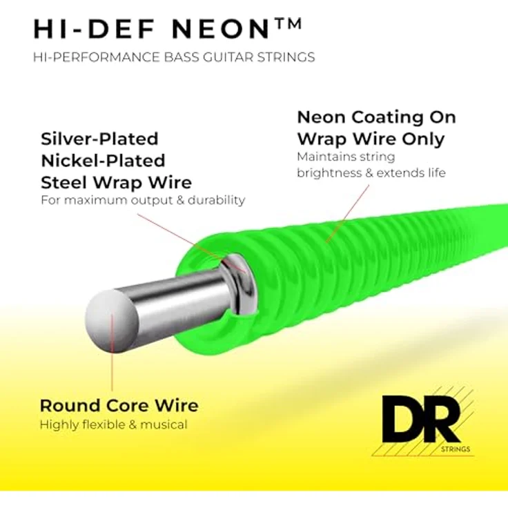 DR Strings Hi-Def Neon Grün NGB6-30, E-Bass Saiten Set Medium 30-125, 6-Saiter, UV-reaktiv und handgefertigt in den USA – Bild 2