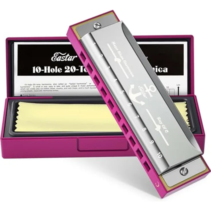 Eastar Major Blues Diatonic Harmonica, 10 Löcher C-Dur Anfänger Mundharmonika für Kinder und Erwachsene, pink mit Hartschalenetui und Reinigungstuch