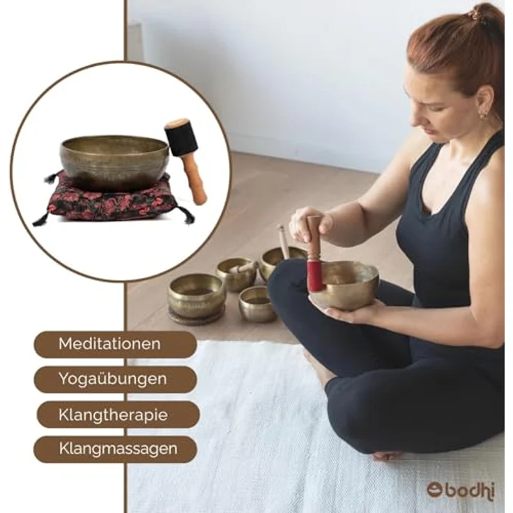 Bodhi Tibetische Klangschale Ø 23 cm, Handgefertigte Singing Bowl mit Blume des Lebens Gravur, Komplettes Set inkl. Kissen & Klöppel, Bronze, Gold/Holzfarben – Bild 4