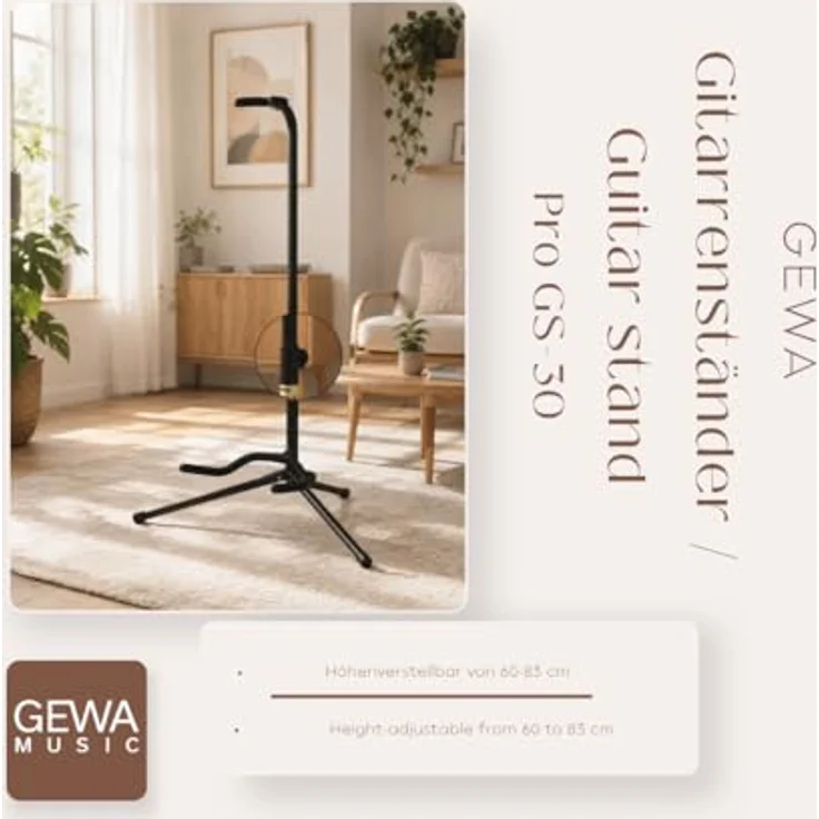 GEWA Gitarrenständer De Luxe GS-30B, höhenverstellbar 60-83 cm für Akustik- und E-Gitarre, mit weicher Polsterung, schwarz – Bild 5
