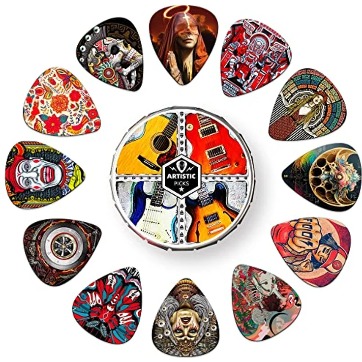 K KAREZOG Guitar Picks, 24 Stück Zelluloid Plektrum mit 4 verschiedenen Stärken (0.46/0.71/0.96/1.20mm) für Akustikgitarre, E-Gitarre, Bass und Ukulele in Geschenkbox – Bild 3