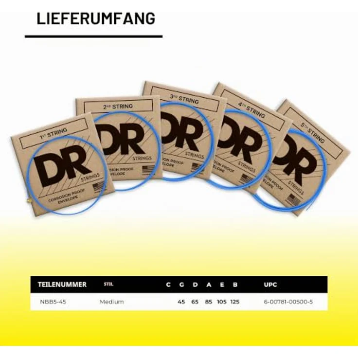 DR Strings Hi-Def Neon Blau NBB5-45, E-Bass Saiten Medium 45-125, mit K3-Beschichtung für längere Lebensdauer und klare Projektion – Bild 4