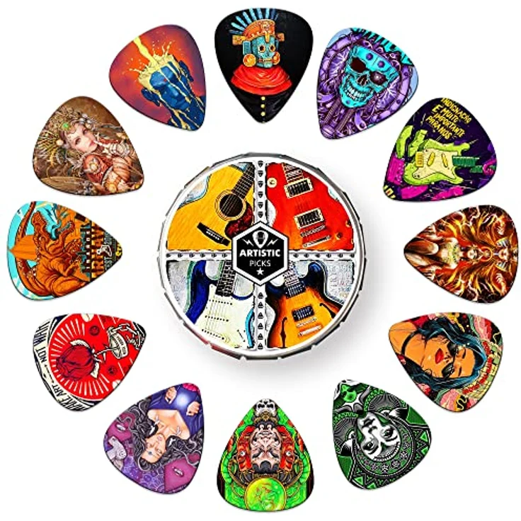 K KAREZOG Guitar Picks, 24 Stück Zelluloid Plektrum mit 4 verschiedenen Stärken (0.46/0.71/0.96/1.20mm) für Akustikgitarre, E-Gitarre, Bass und Ukulele in Geschenkbox – Bild 4