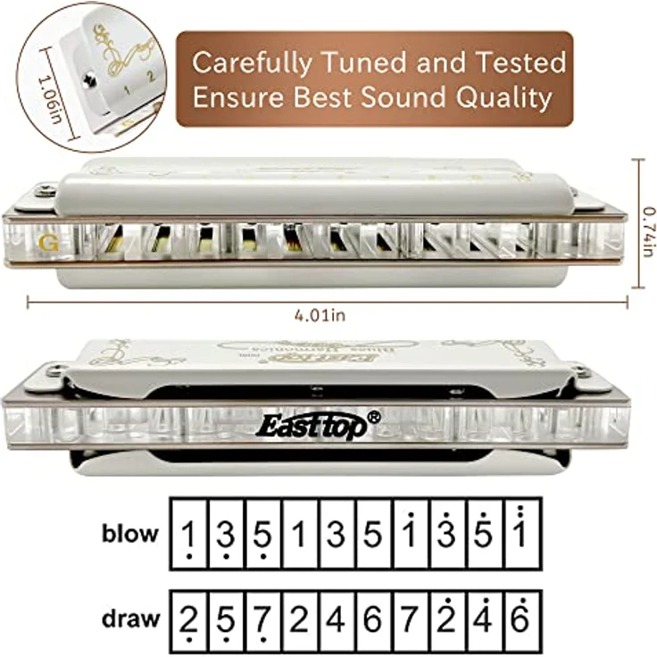 East top T008L Diatonische Blues Harmonica, Mundharmonika in G-Key, 10 Löcher, geeignet für Profis & Anfänger, ideales Geschenk, weißer Messingdeckel, tragbar. – Bild 4