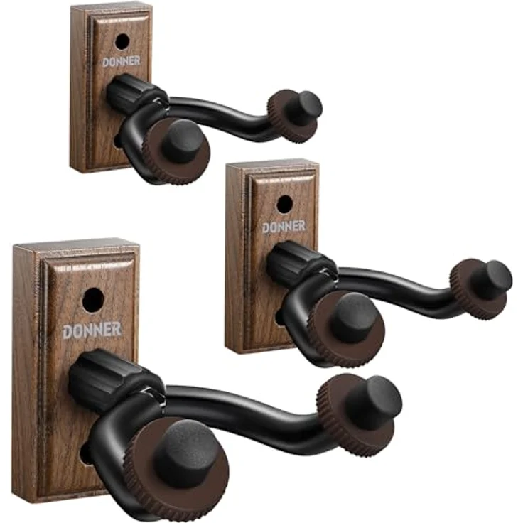 Donner Gitarren Wandhalterung, 3er Set Gitarrenhaken aus schwarzem Walnussholz mit drehbarem Design für Akustikgitarre, E-Gitarre, Bass und Ukulele – Bild 1