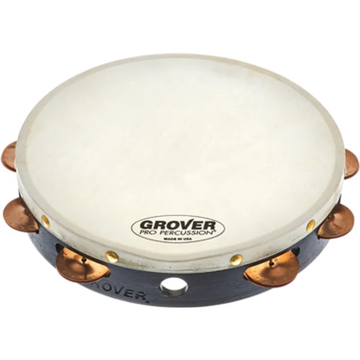 Grover Pro Percussion T1/BC Tambourine, 10" mit Beryllium Kupfer Schellen, weißes premium Naturfell, massiver Hartholzkorpus mit Tasche