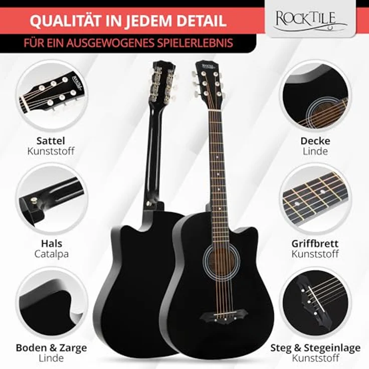 Rocktile WSD-5C-BK Slim Line Westerngitarre, Dreadnought Akustik Gitarre mit Linde Korpus, Catalpa Hals, inkl. Tasche, Ersatzsaiten, Gurt und Plektren, Schwarz – Bild 5