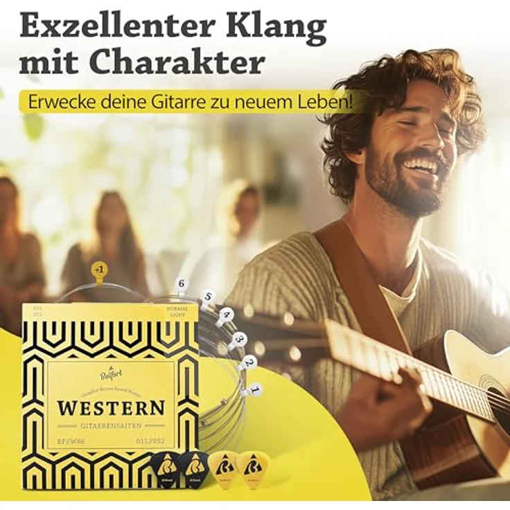 BELFORT® Gitarrensaiten Premium Phosphor-Bronze, 6 Saiten-Set für Westerngitarre & Akustikgitarre mit 4 Plektren und extra hoher E-Saite, schmerzfreies Spielen, optimale Stimmstabilität – Bild 2