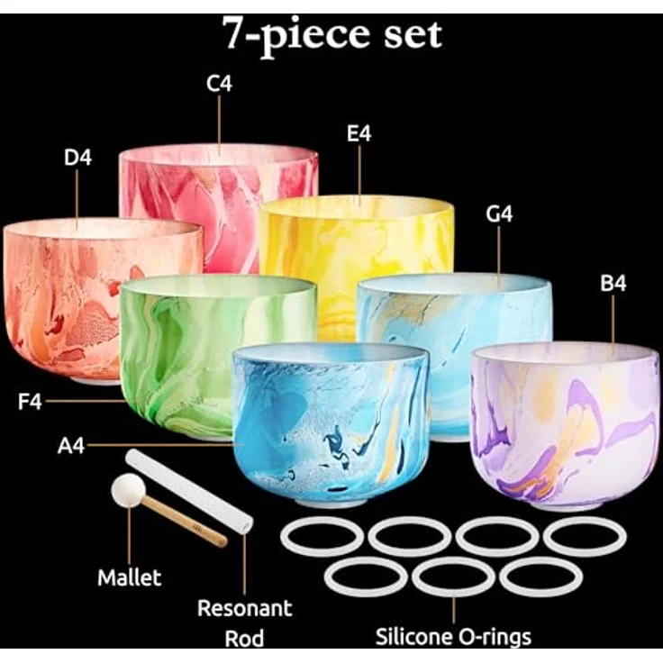 Sonic Energy Kristallklangschalen Chakra Set, 7-teilig, 432 Hz, C-Dur, marmoriert, inkl. 2 Schlägel und Silikonringe – Bild 3