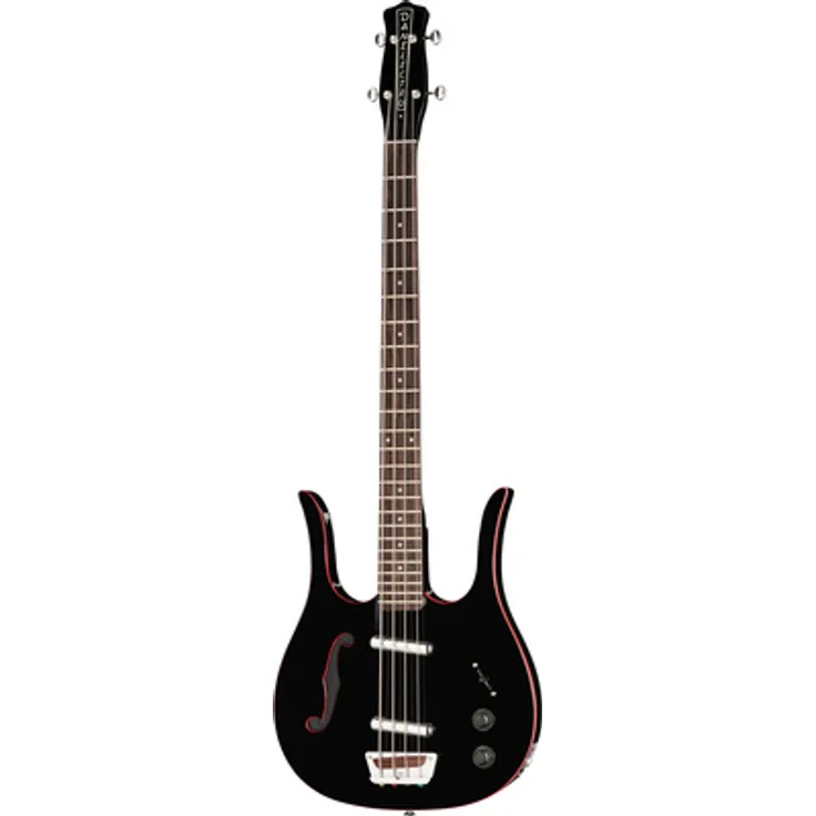 Danelectro 58 Longhorn Bass, E-Bass in Schwarz-Rot mit Masonite Decke, zwei Lipstick Single Coils und 24 Bünden
