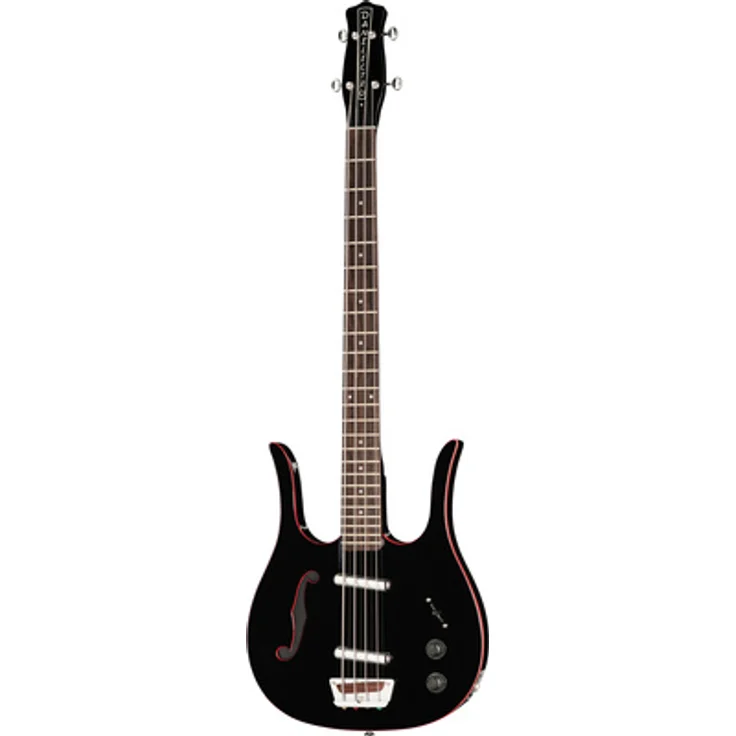 Danelectro 58 Longhorn Bass, E-Bass in Schwarz-Rot mit Masonite Decke, zwei Lipstick Single Coils und 24 Bünden