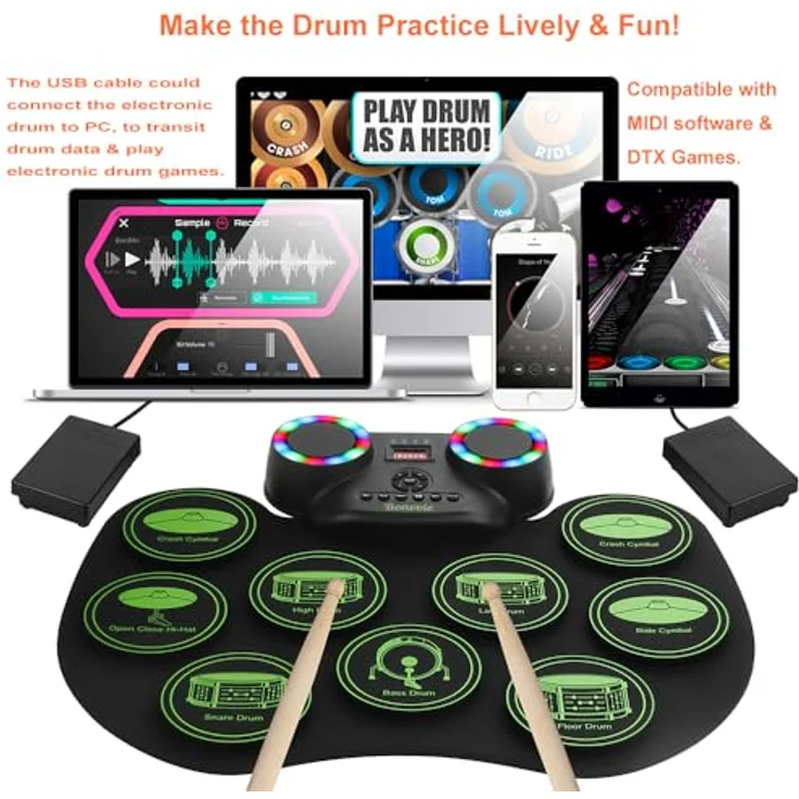 Bonvvie G6001 E-Drum Kit, tragbare digitale Rollentrommel mit 9 Pads, MIDI, eingebauten Lautsprechern, wiederaufladbarem Akku, ideal für Kinder und Anfänger – Bild 2