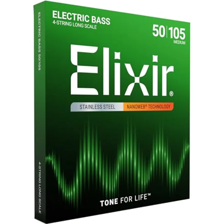 Elixir 14702 Stainless Steel Medium Bass Saiten, 4 Saiten Set, Long Scale, 050-070-085-105