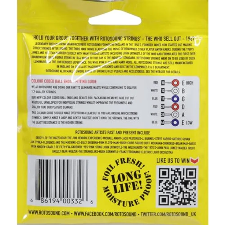 Rotosound Roto Nickel Plated Saiten für E-Gitarre YELLOWS R10-2, Regular 10-46, inkl. kostenlose E1-Saite, Made in UK – Bild 2