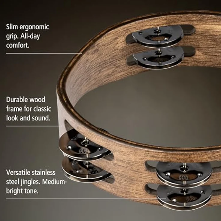 Meinl CTA2WB Compact Tambourine, 2-reihig mit 12 Paar Stahlschellen, Durchmesser 8", Holzkessel, Farbe: Walnut Brown – Bild 3