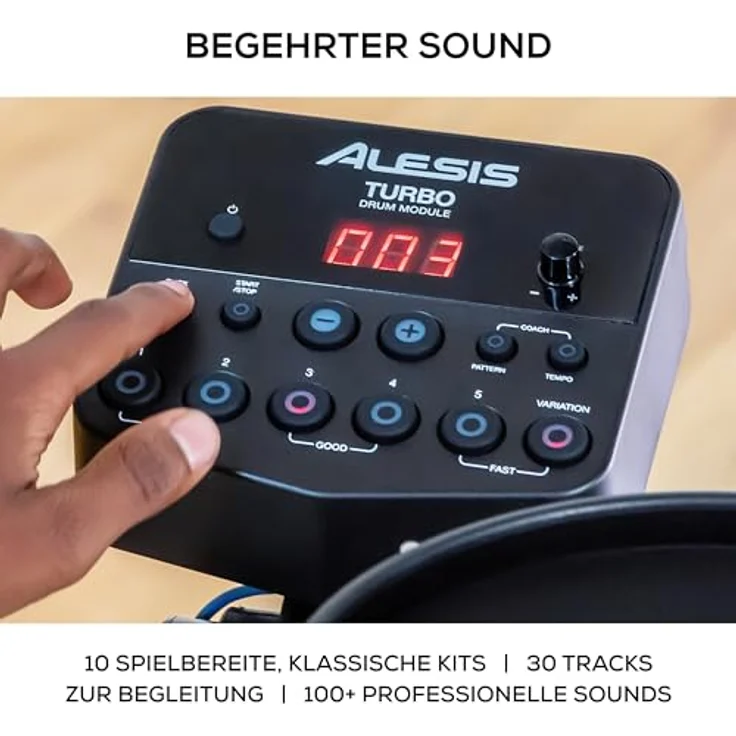 Alesis Turbo Mesh Kit, E Schlagzeug Elektronisch mit 8-Zoll-Mesh-Snare, 10 klassischen Kits, 30 Play-Along-Tracks und Drumsticks – Bild 4