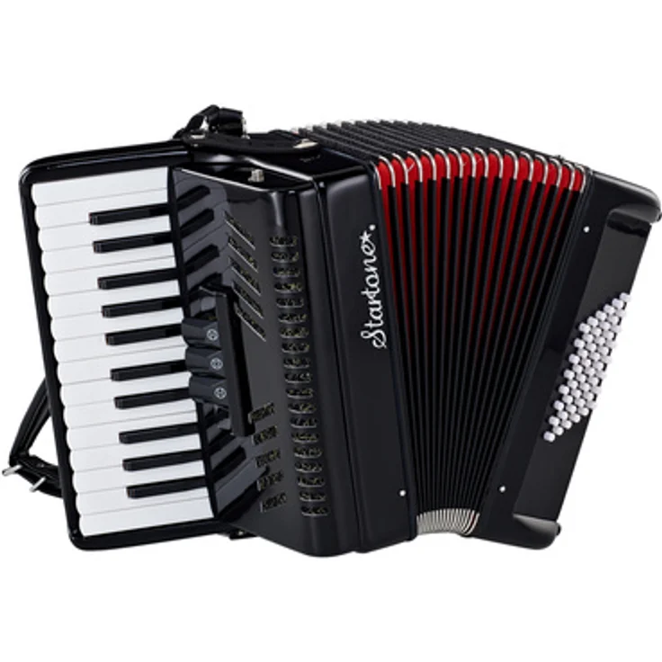 Startone Piano Accordion 48 Black MKII, Piano-Akkordeon mit 48 Bässen und 26 Diskanttasten, schwarz mit rotem Balg, inkl. Trageriemen und Gig Bag