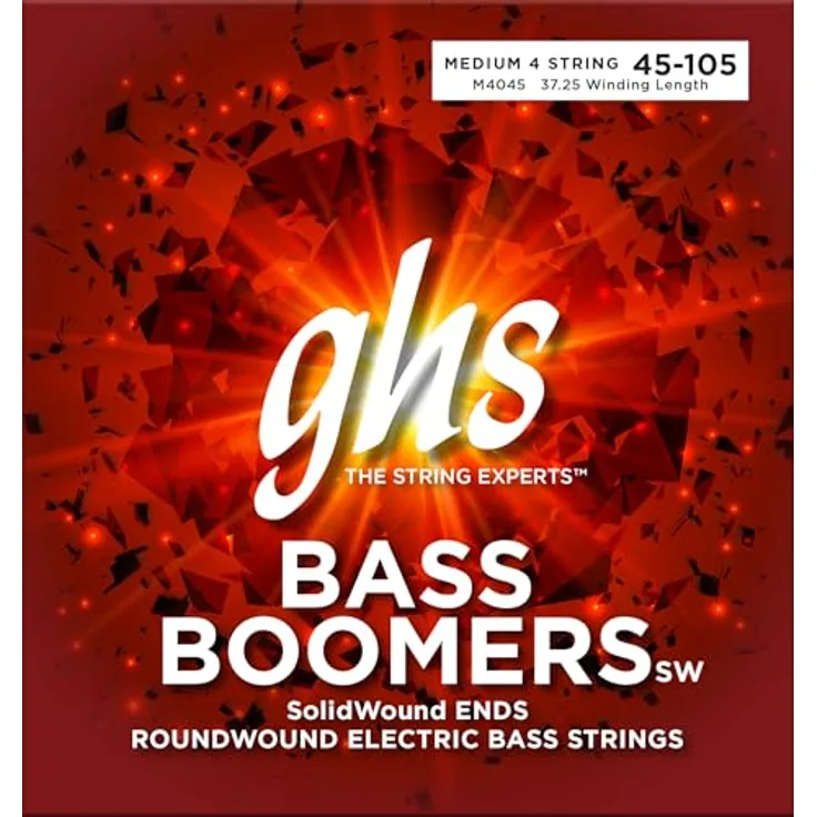GHS Bass Boomers 3045 M, E-Bass Saiten Satz für 4-Saiter, Medium, .045"-105", vernickelter Stahl, Roundwound, hexagonaler Saitenkern, Made in U.S.A.