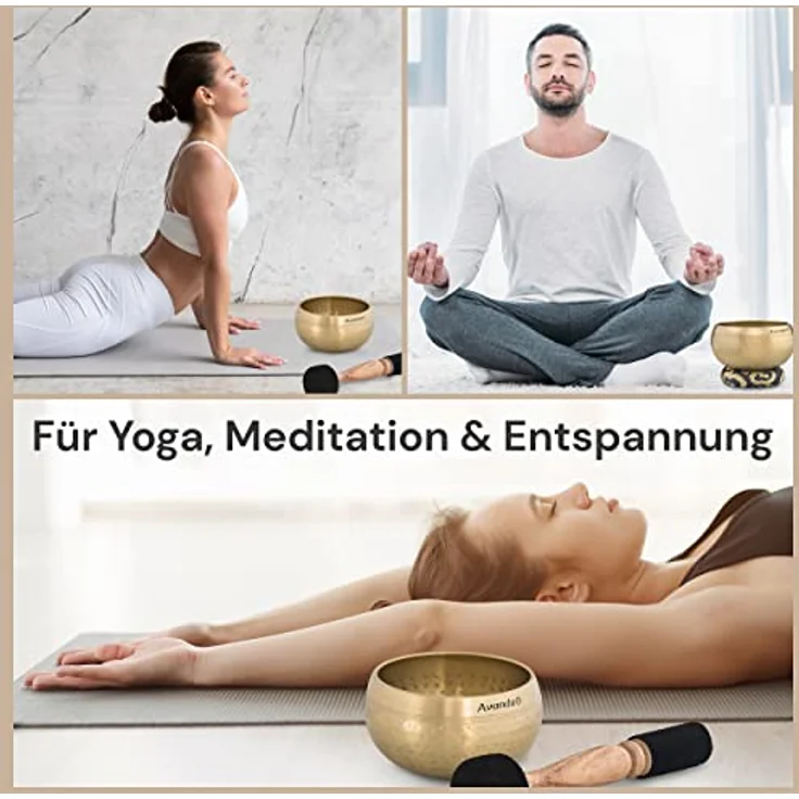 Avanda Tibetisches Klangschale-Set, gehämmerte Klangschale Ø 10 cm, inkl. Doppel-Schlägel aus Filz und Leder, Ring-Kissen, Beutel und Anleitung für Yoga und Meditation – Bild 2