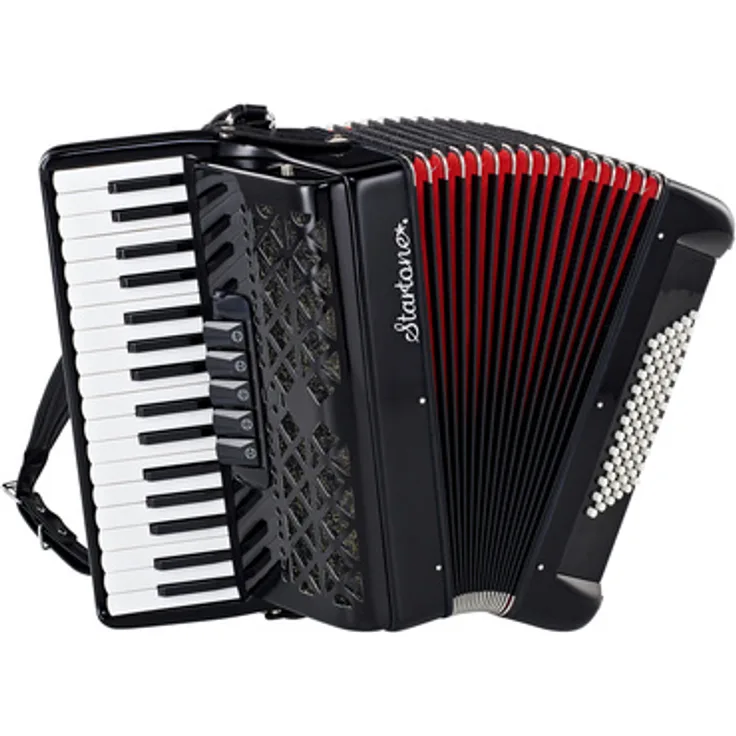 Startone Piano Accordion 72 Black MKII, 72 Bässe, 34 Diskanttasten, 3 Chöre, inkl. Koffer und Trageriemen, Schwarz mit rotem Balg