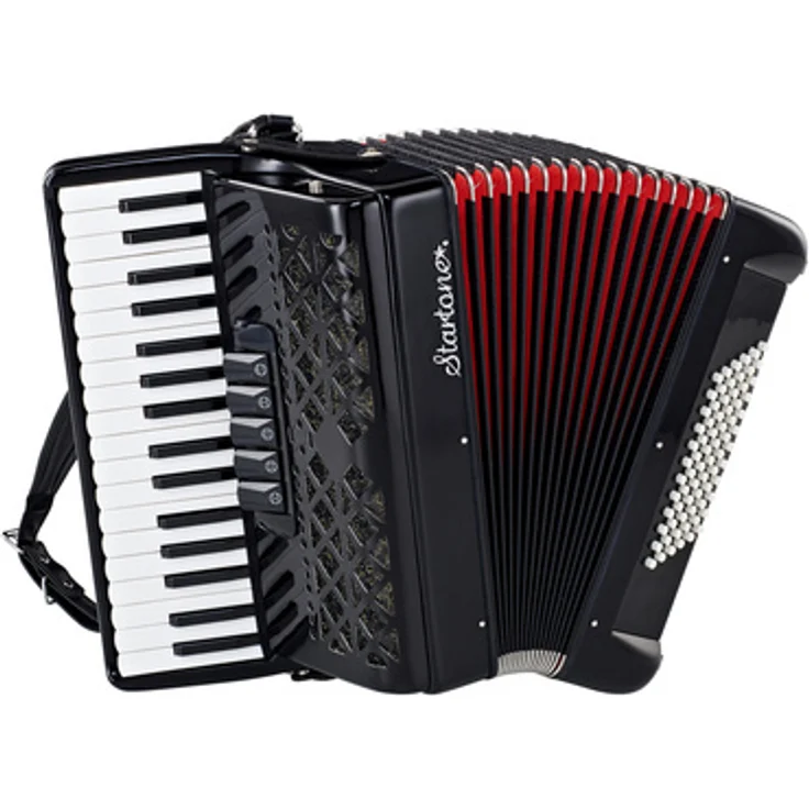 Startone Piano Accordion 72 Black MKII, 72 Bässe, 34 Diskanttasten, 3 Chöre, inkl. Koffer und Trageriemen, Schwarz mit rotem Balg