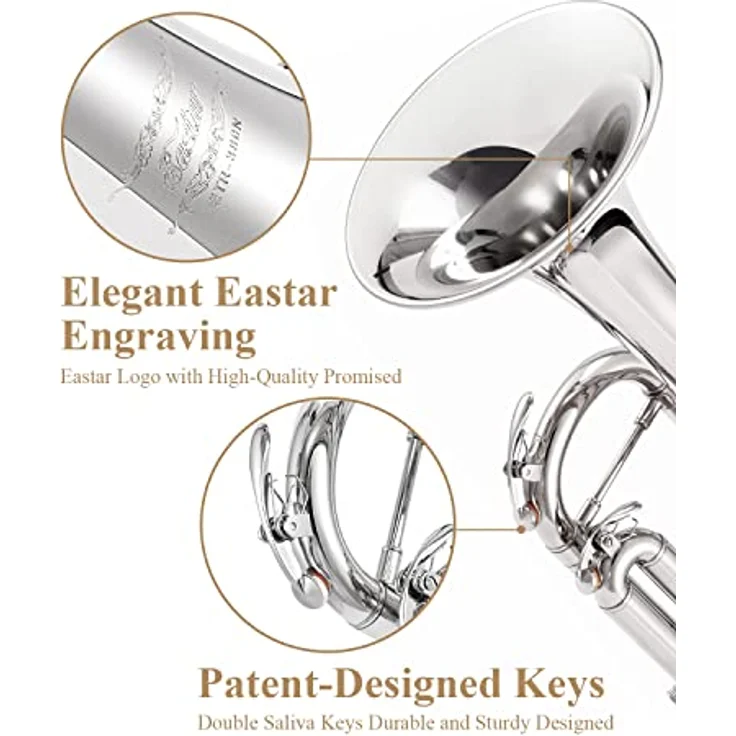 Eastar ETR-380N Bb Standard-Trompeten-Set für Anfänger, Messing, mit Hartschalenkoffer, Reinigungsset, 7C-Mundstück und weißen Handschuhen, Silber – Bild 2