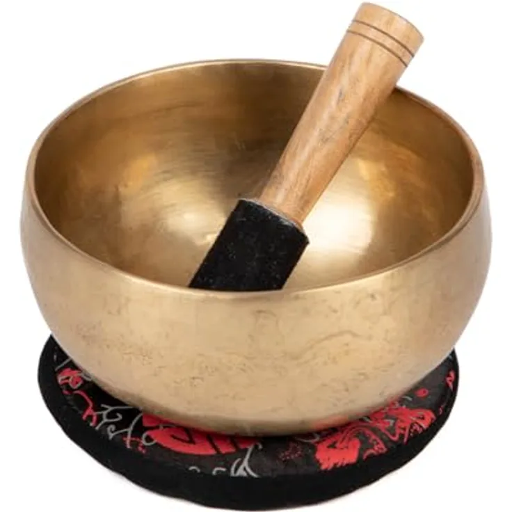 Bodhi Tibetische Klangschale Ø 13 cm, Handgefertigtes Klangschalen Set aus Bronze mit Kissen & Klöppel, Gold/Holzfarben, Ideal für Meditation und als spirituelles Geschenk