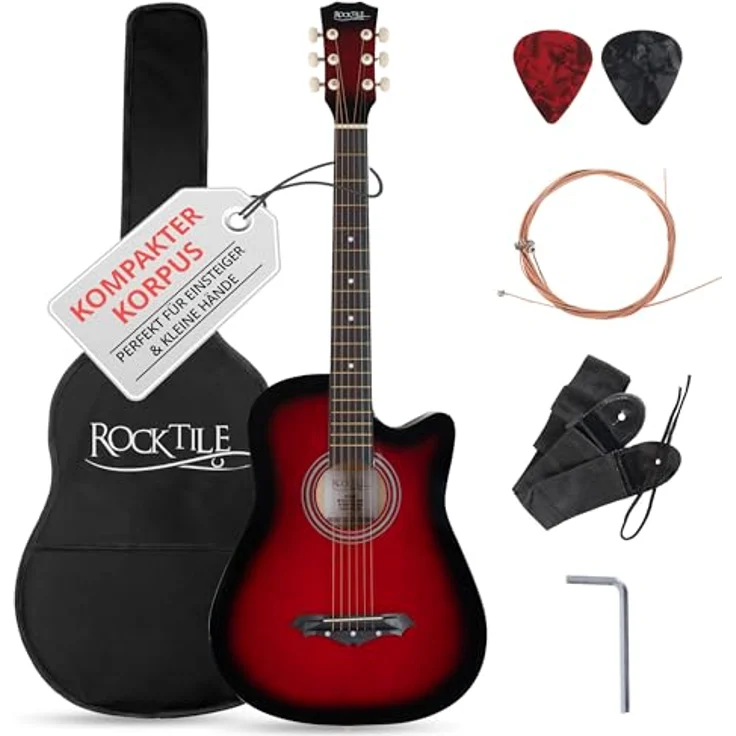 Rocktile WSD-5C-RDB Slim Line Westerngitarre Set, Dreadnought Akustikgitarre mit Linde-Korpus, Catalpa-Hals, Redburst, inkl. Tasche, Ersatzsaiten, Gurt und Plektren – Bild 1